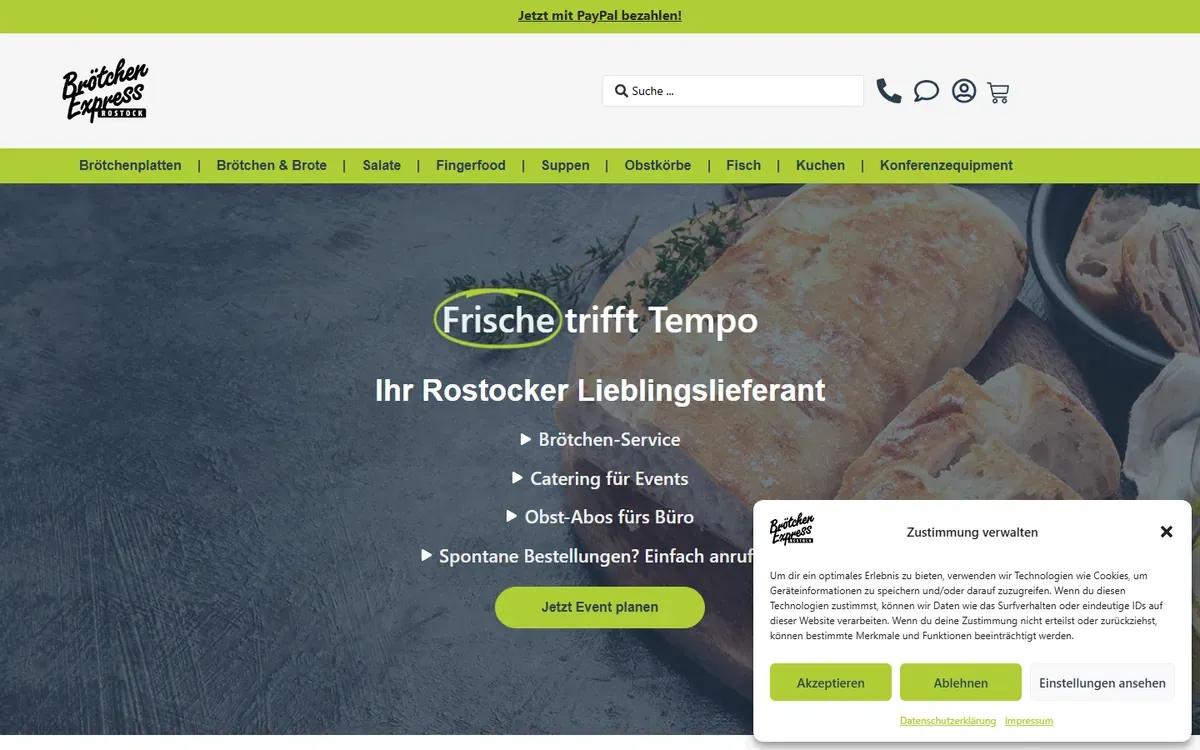 Screenshot der Brötchenexpress-Rostock-Website mit Online-Bestell-Konfigurator