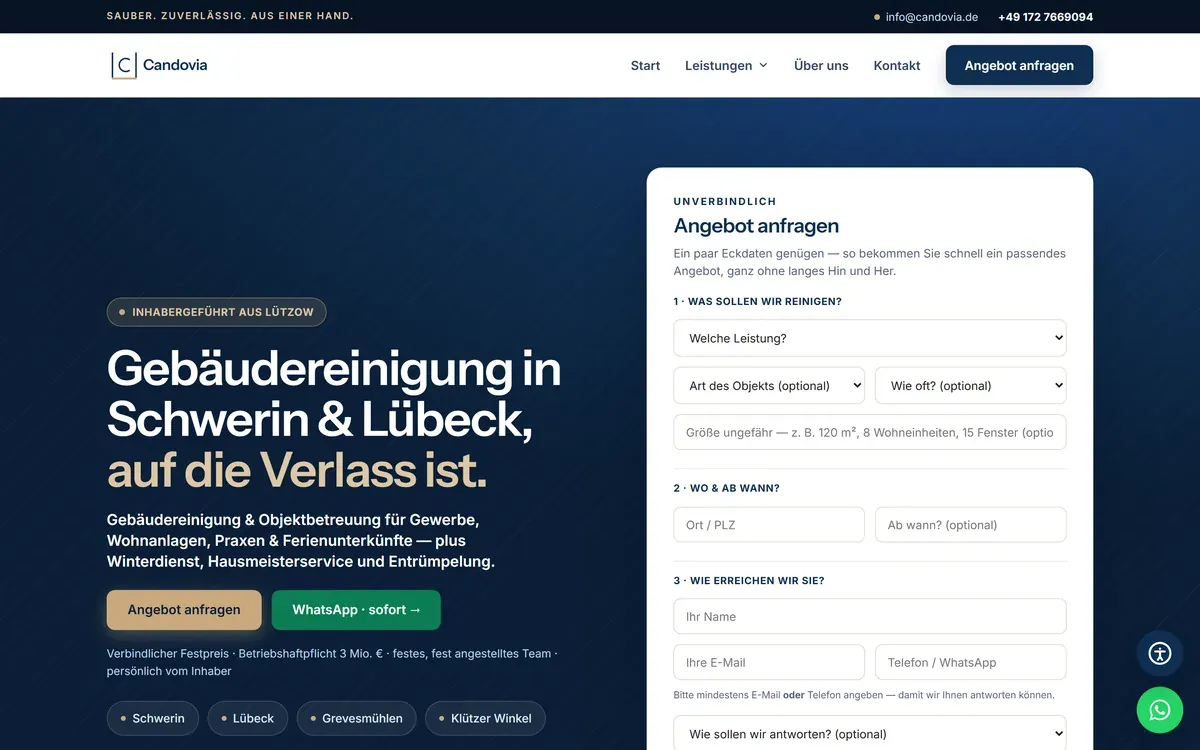 Startseite von candovia.de mit Anfrage-Formular direkt im Hero